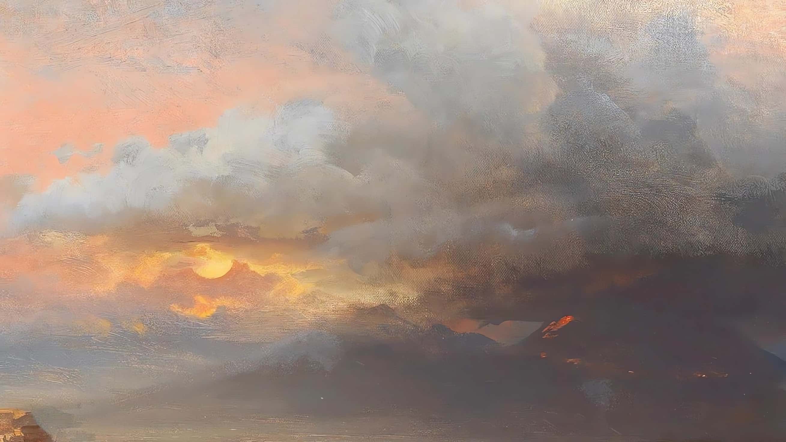 Sunset landscape oil painting; dramatic clouds, mountains, glowing sun.